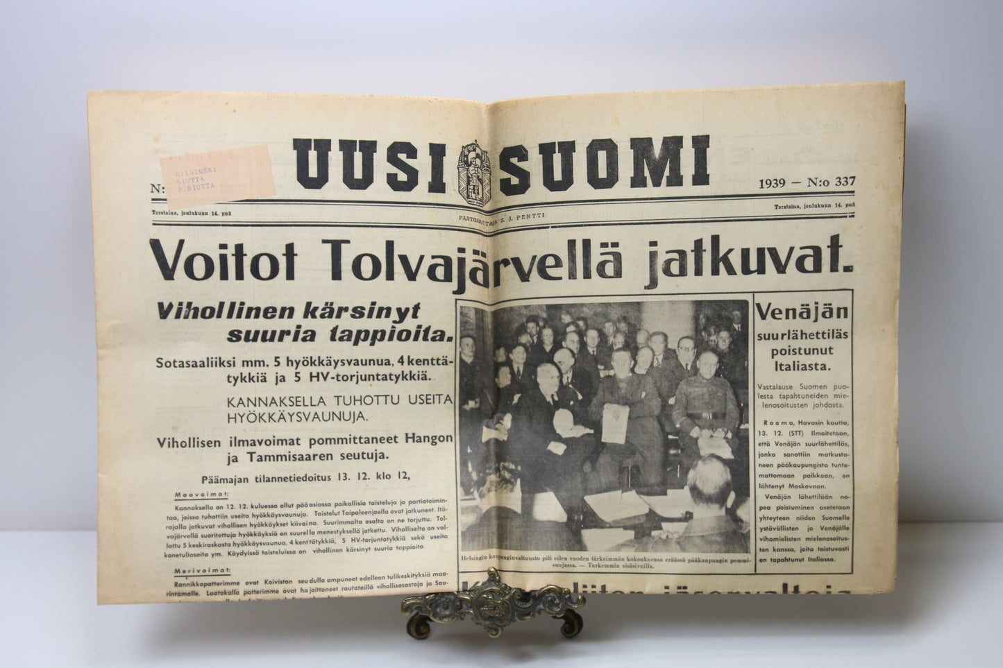 Uusi Suomi sanomalehti vuodelta 1939