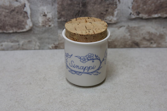 Arabia Sinivalkoinen keittiö Sinappi purkki Raija Usikkinen