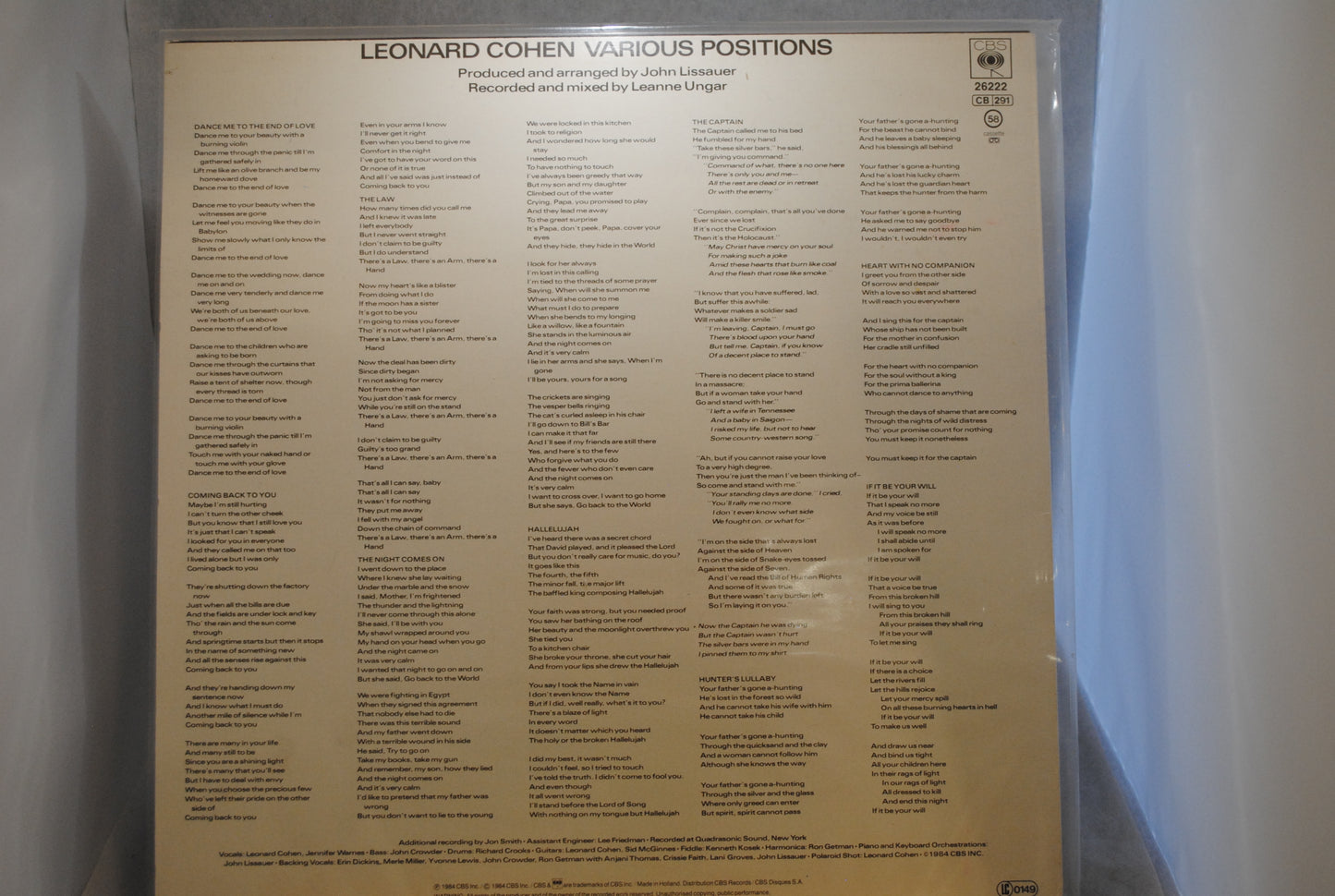 Leonard Cohen Various Positions Lp-levy