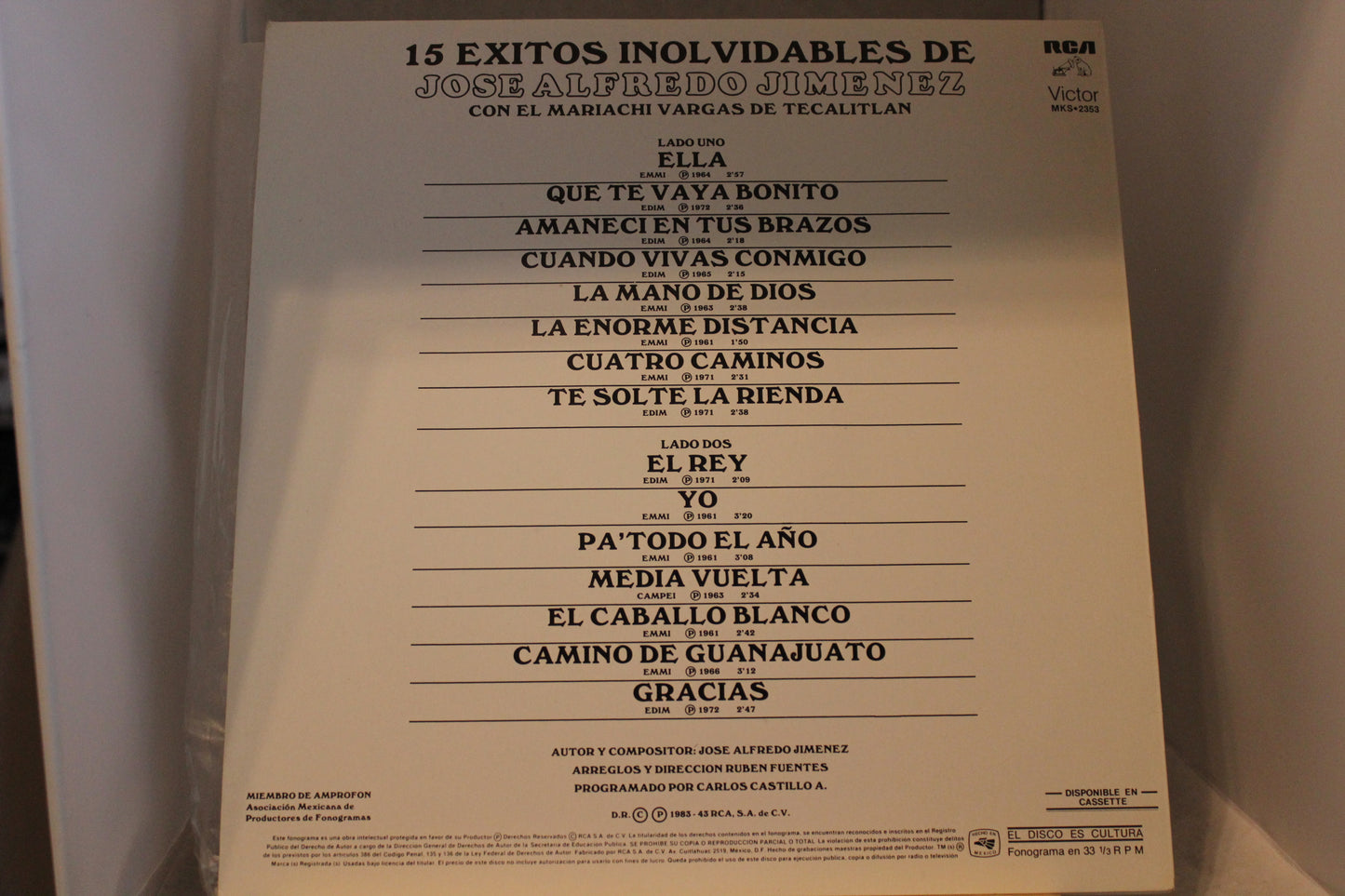 Jose Alfredo Jimenez 15 exitos inolvidabies de lp-levy